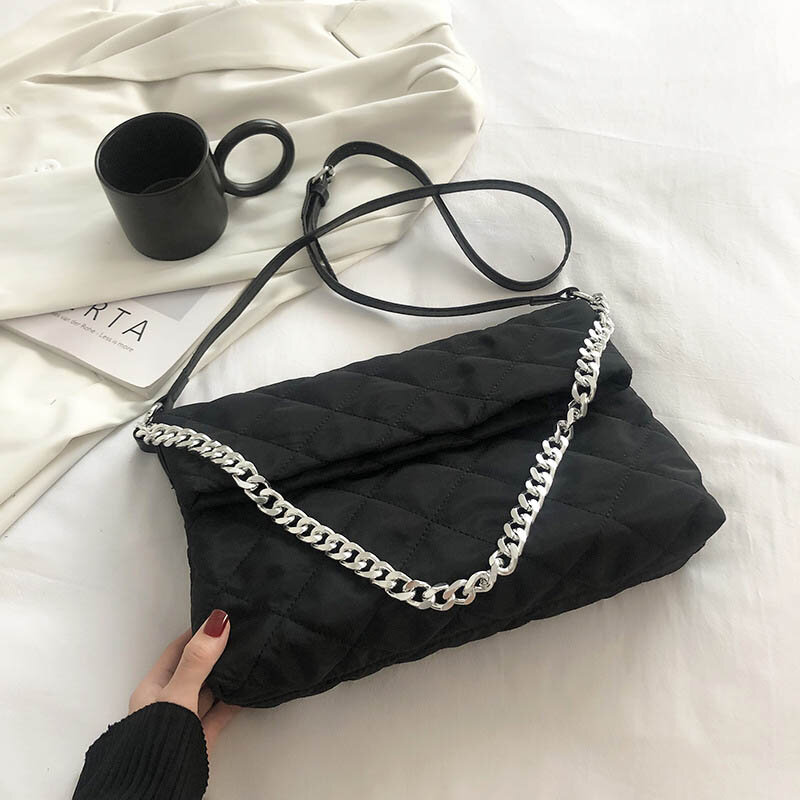 Сумка на металлической толстой цепочке, дизайнерская женская сумка, черная сумка на плечо, 2021, модные вместительные нейлоновые сумки через плечо, женские клатчи