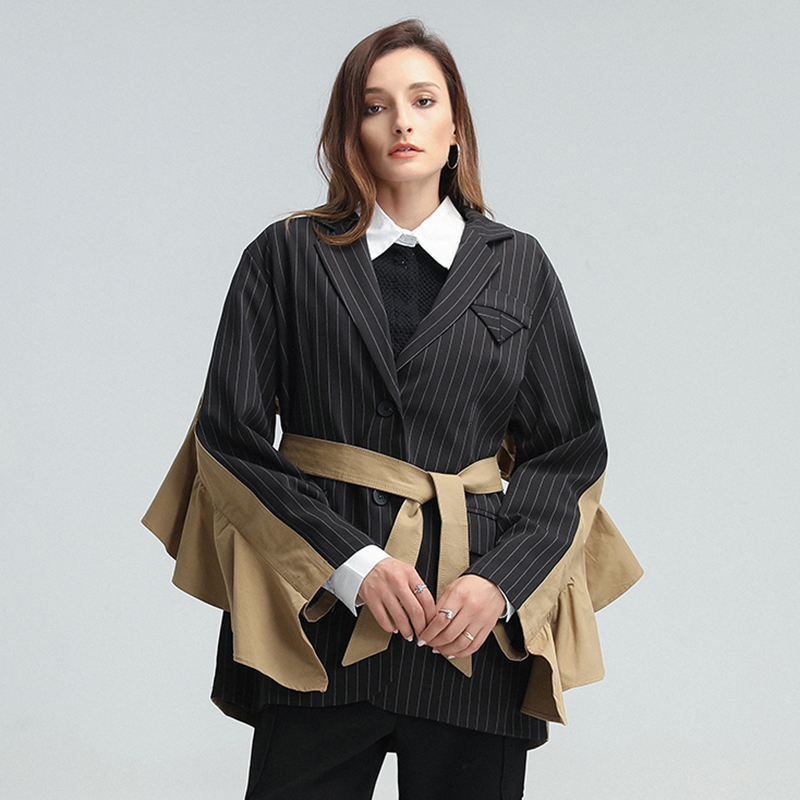 Twotwinstyle listrado retalhos plissado blazer para mulher entalhado manga longa com faixas casaco casual feminino outono novo à moda 2020