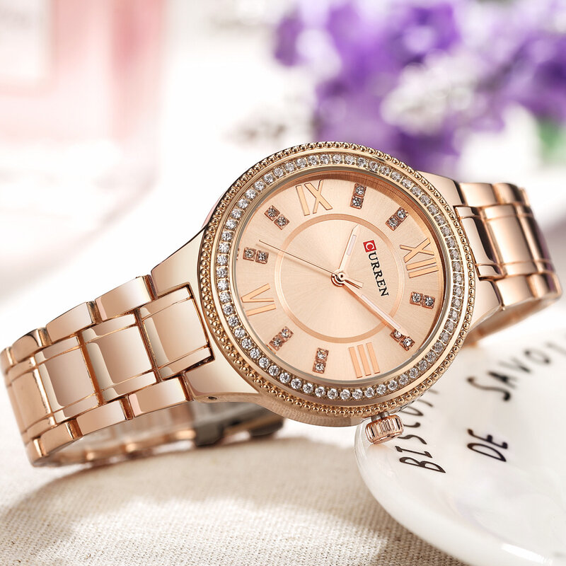 Curren feminino relógio de quartzo para senhoras da forma feminina relógios de pulso iced fora dimaond reloj mujer prata aço inoxidável relógio