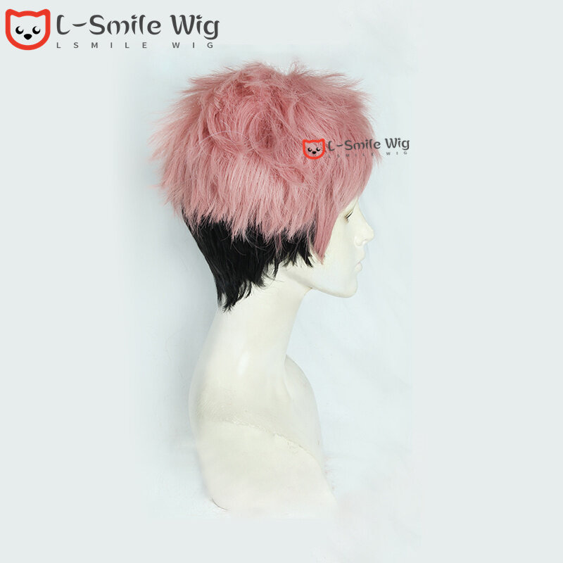 Парик для косплея из аниме Yuji Itadori, термостойкие короткие искусственные волосы для косплея, с розовым градиентом, черного цвета, с шапочкой