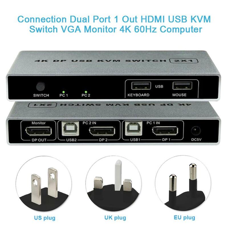 DP KVM Switch 2 In 1 Out Displayport Two In One Out Switch 4K Mendukung Dua Host untuk Berbagi Monitor Keyboard USB Mouse Industri
