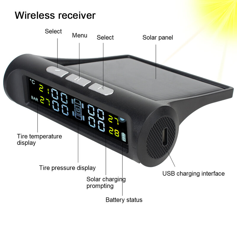 Solar TPMS Sensor Tire Pressure Monitoring System mit 4 Externe Sensoren Digitale LCD Display Reifen Diagnose Kit Auto Zubehör