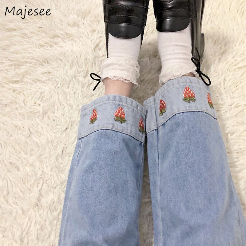 Jeans feminino bordado de morango, bolsos kawaii, comprimento do tornozelo, elástico na cintura, jeans feminino, simples, estilo coreano, estudante, tudo combina