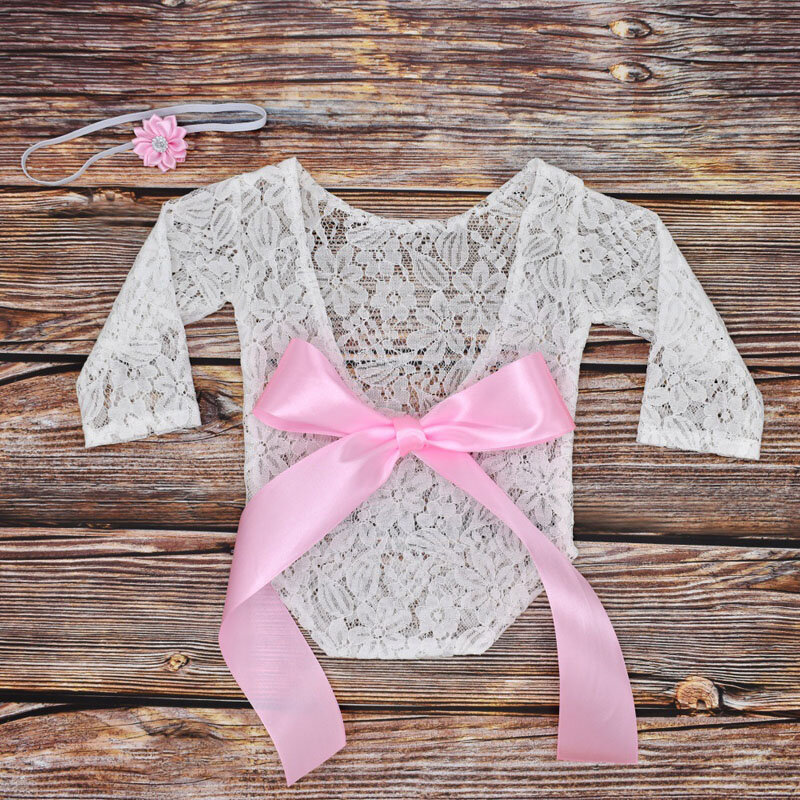 Leuke Kant Baby bodysuit Pasgeboren Kant Romper Photo Kleding Boog kant Haarband Set Fotografie Props Wit Roze Abrikoos kleur