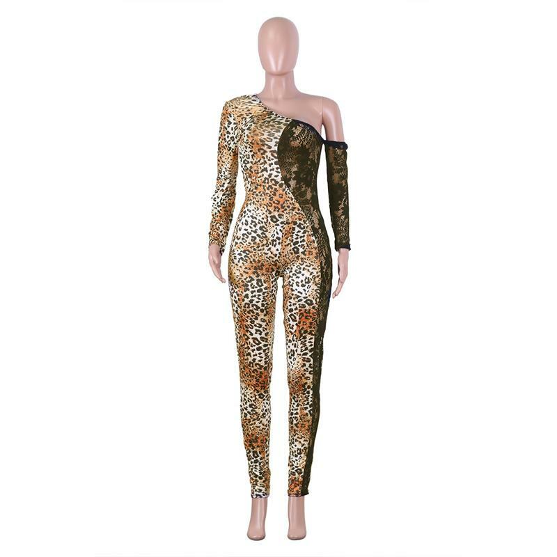 레오파드 프린트 점프수트 여성용, 긴팔 바지 갈색 레이스 패션 슬림 섹시한 바디콘 점프수트 2020 가을 상품