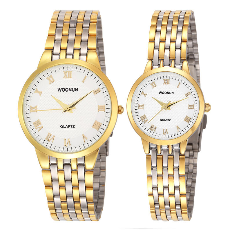 Relojes dorados de lujo para hombre y mujer, pulsera de cuarzo de acero inoxidable, para amantes, novedad