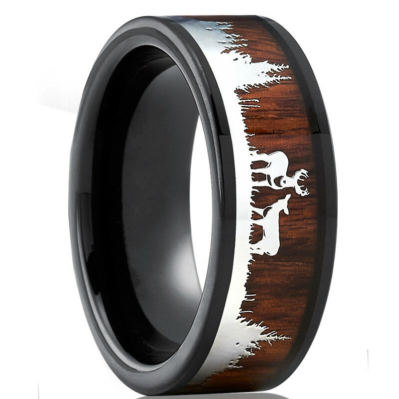 Fdlk Zwarte Wolfraam Jacht Ring Wedding Band Hout Inlay Herten Stag Silhouet Ring