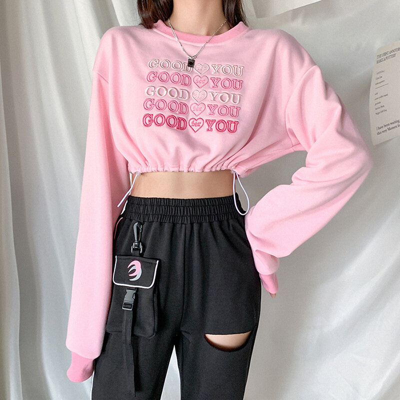 Sudadera de cuello redondo para mujer, suéter de manga larga con estampado de letras para mujer, jerséis de moda para chica, ropa para mujer rosa