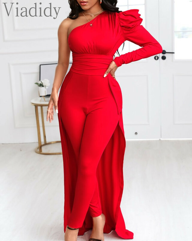 Women Elegant Single Shoulder Long Sleeve Jumpsuits OL Red Puff Sleeve High Waist Rompers