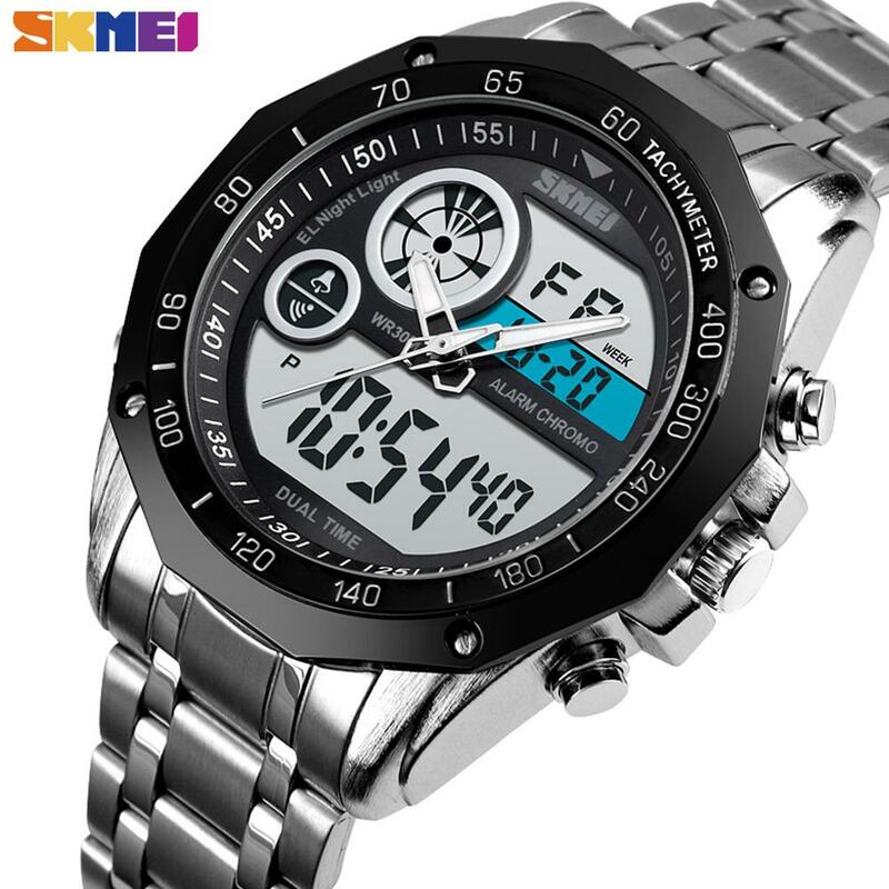 SKMEI Dual Display Men Watches Digital Luminous Pointer Waterproof Sport Watches For Man Stainless Steel Strap reloj hombre 1494