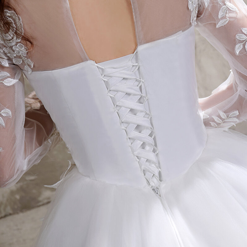 Nuova estate abito da sposa leggero coreano Vestidos De Novia off white bride o-collo dream princess appliques di pizzo a maniche lunghe semplici