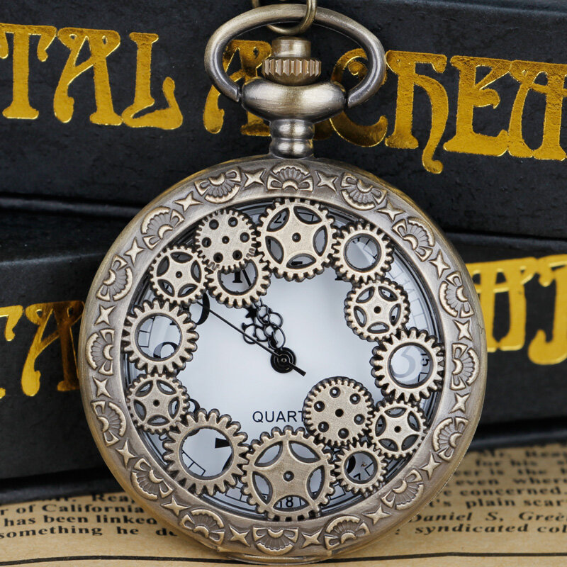 Reloj de bolsillo con movimiento de cuarzo para hombre y mujer, colgante de collar con engranaje hueco Steampunk, regalos