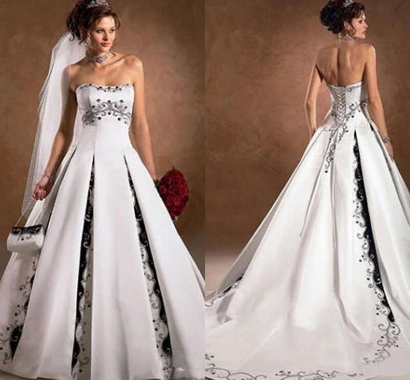 Vestidos de casamento gótico preto e branco 2022 sem alças retro frisado bordado renda-up espartilho país vestido de noiva robe de mariée