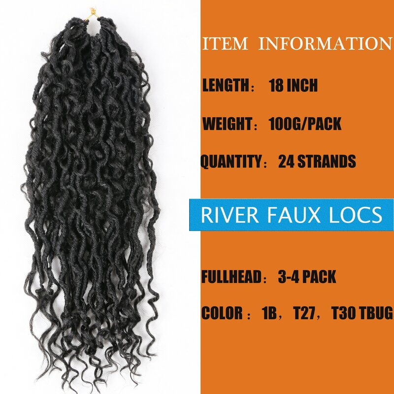 Trenzas de ganchillo de diosa de estrella completa Locs, extensión de cabello trenzado sintético Natural, Ombre River Faux Locs con cabello rizado
