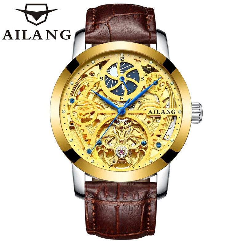 Ailang-novo relógio masculino de negócios, casual, 50m de vida, à prova d'água, vazado, totalmente automático, pulseira de couro mecânico, 6812a, 2021