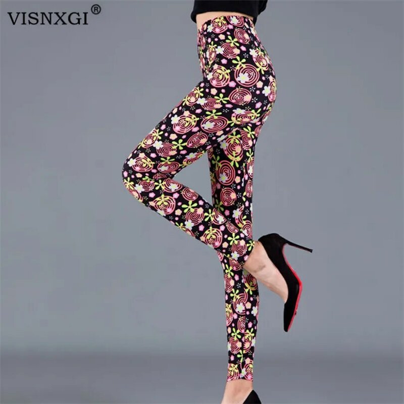 VISNXGI Women Autumn Clothes Printed Legging Exercise Elastic Flower Patterned High Waist Pants Push Up Fitness Workout Bottom