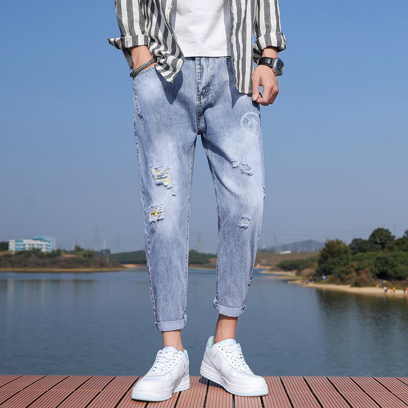 2021 nova primavera e verão dos homens jeans moda rasgado solto masculino tornozelo-comprimento calças em linha reta casual calças de brim masculino