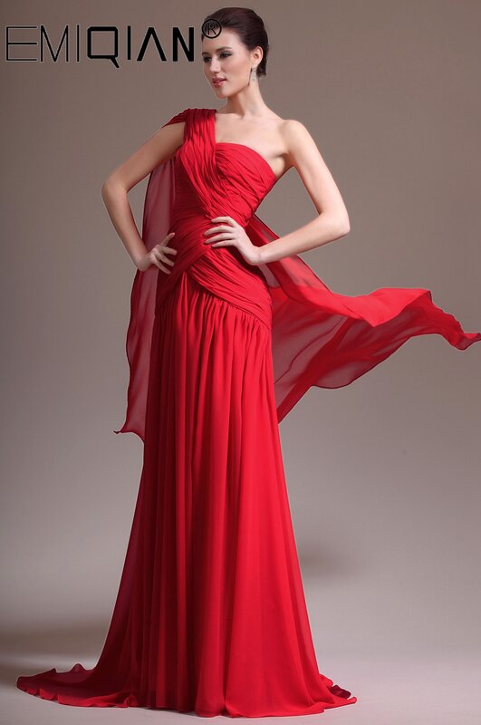 Robe de Soirée Asymétrique à Épaule Dénudée, Rouge, Sans Manches, Longueur au Sol, Sirène, Plissée, Formelle, pour Femme