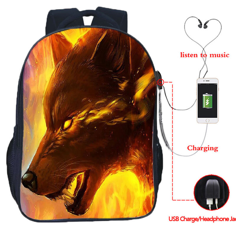 Рюкзак с изображением волка для мальчиков и девочек, школьный рюкзак для подростков с USB-разъемом для зарядки, школьный рюкзак с изображением волка для студентов колледжа
