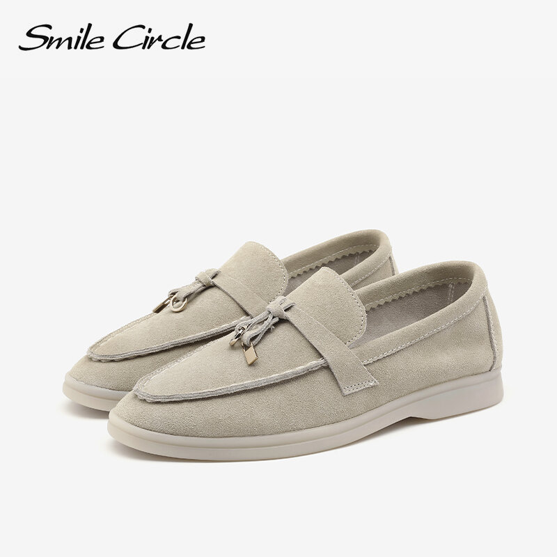 Smile Circle-mocasines de ante de vaca para mujer, zapatos planos sin cordones, de cuero genuino, talla grande 36-42