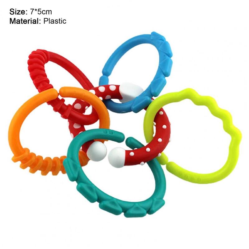 6 pçs plástico aperto do bebê mordedor chocalhos de borracha arco-íris anel molares chocalho brinquedos de segurança para crianças berço cama carrinho pendurado