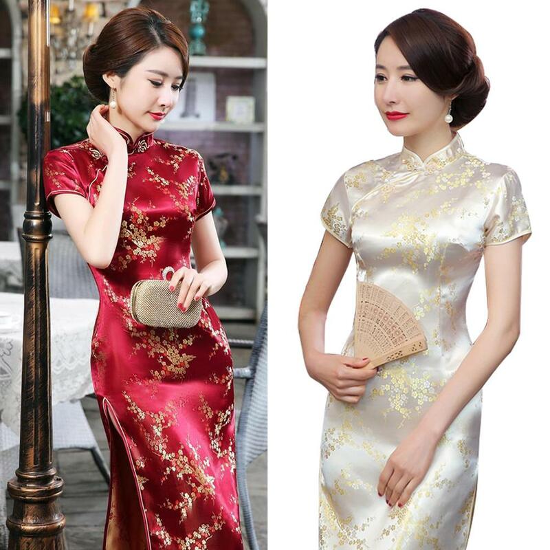 HOT SALE Cina Tradisional Gaya Wanita Panjang Cheongsam Pengiring Pengantin Gaun Malam Cheongsam Vintage Plum Blossom Sisi Celah Desain