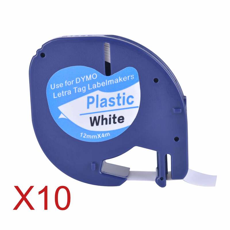 Etiquetas de plástico compatibles con Dymo LetraTag 91201, cintas negras sobre blancas (12mm x 4m), 91201, 91221, 59422, S0721660, 10 unidades