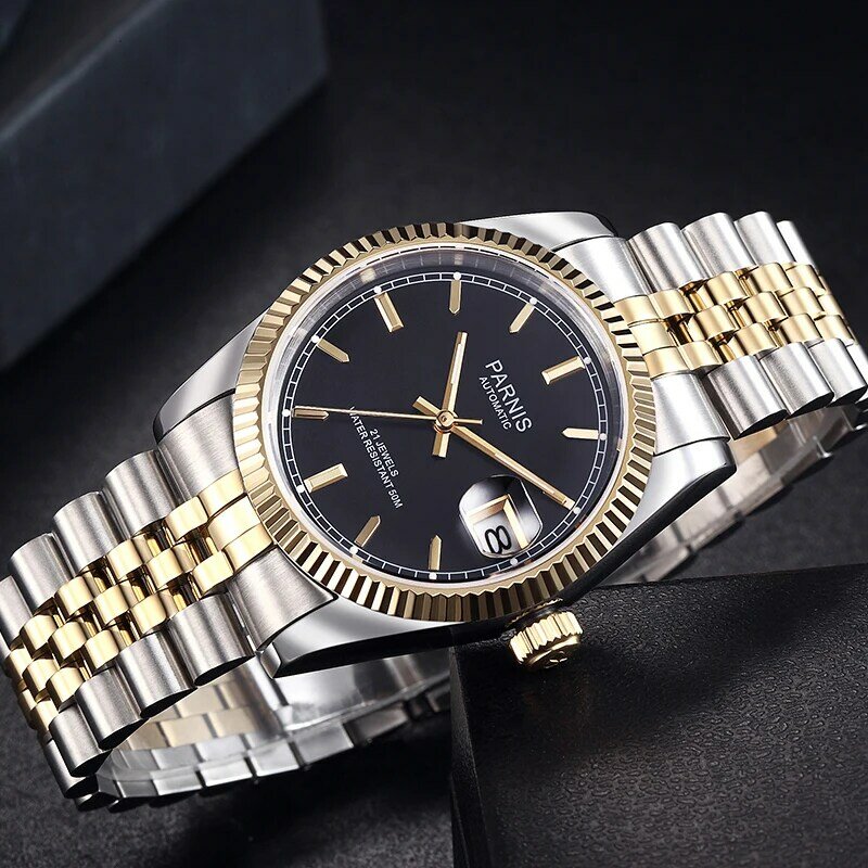 Relógio mecânico automático masculino, mostrador preto, pulseira de aço inoxidável, escala de ouro, casual parnis, 36mm, 2023