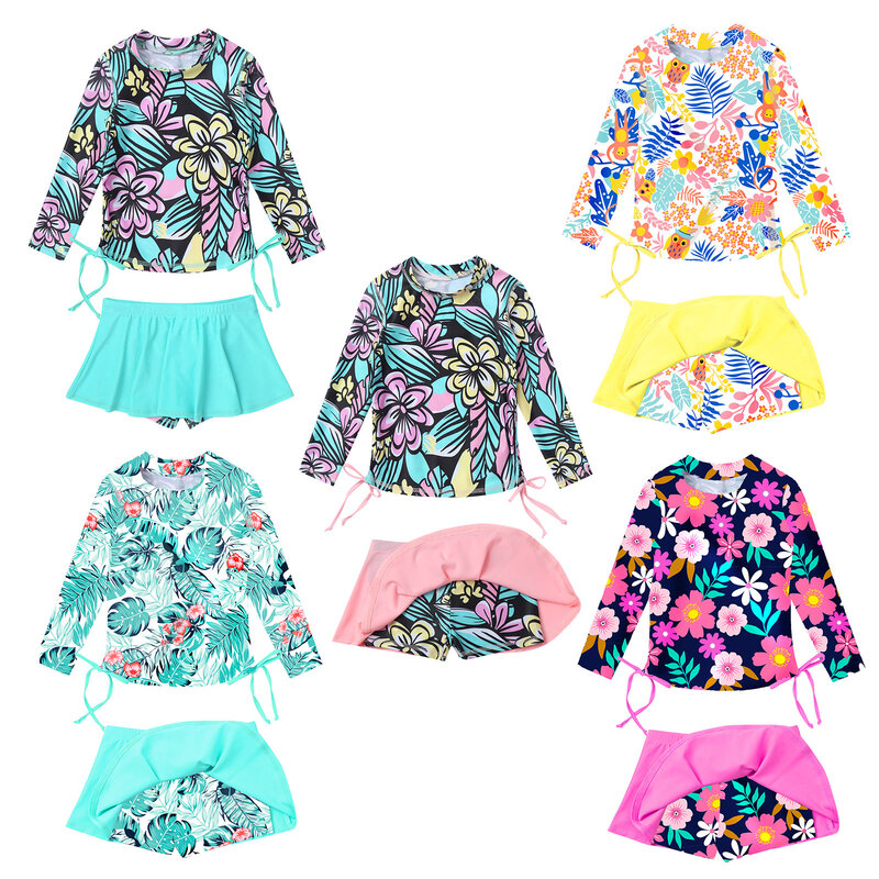 Kids Girls Two Pieces Bathing Suit Children Swimsuit Flower Printed Long Sleeve Swimwear With Skirt Set Swimming Beach Wear