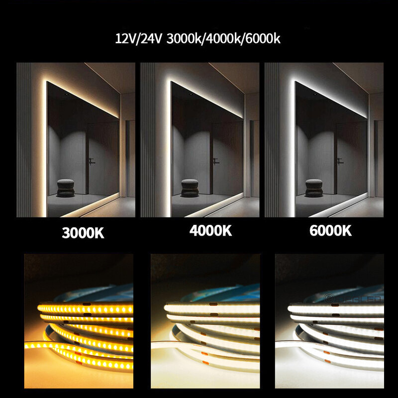 COB Led Stirp 조명 8mm 유연한 문자열 밤 빛 DC12V/24V 장식 침실 다이오드 테이프 따뜻한 흰색 조명 분위기 램프