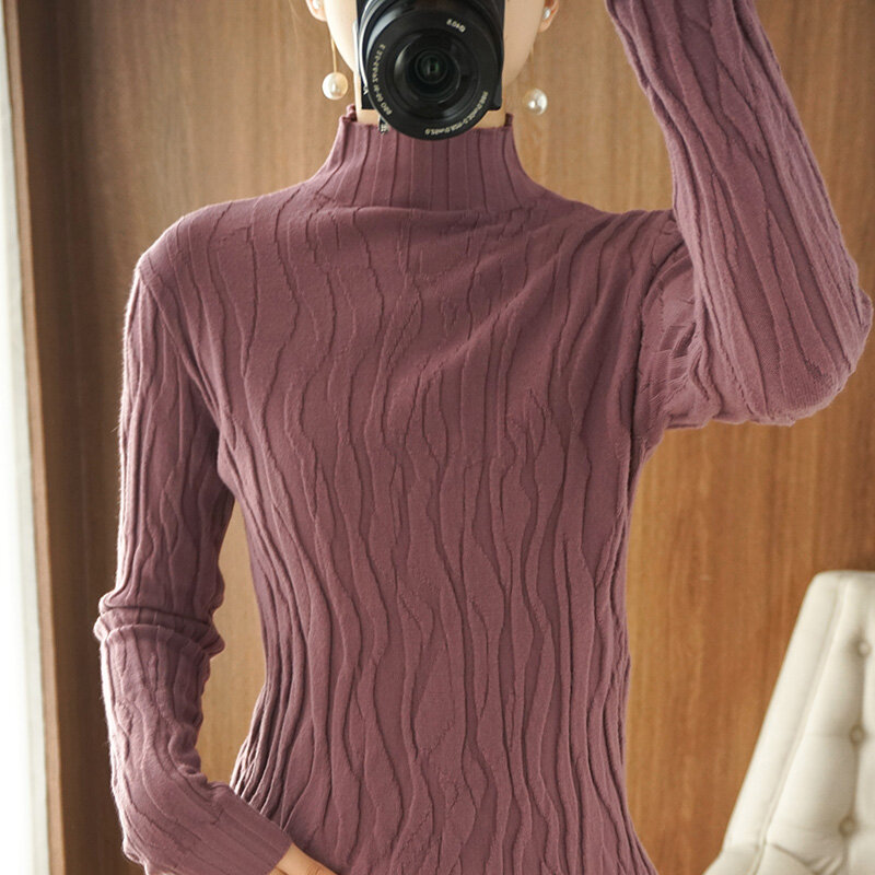 Новый осенне-зимний свитер с воротником «хомут», Женская эластичная облегающая блузка со складками, темпераментная тонкая однотонная блуз...