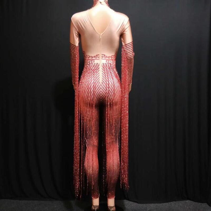 Combinaison rouge Sexy scintillante avec cristaux pour femmes, tenue de discothèque, de chanteur, de danse sur scène