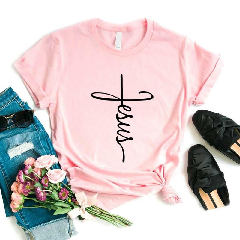 Mulheres Jesus Cruz Camiseta Estampada Cristã, Camiseta Engraçada Casual, Lady Yong Top Menina, Camiseta Hipster, 6 Cores, NA-905