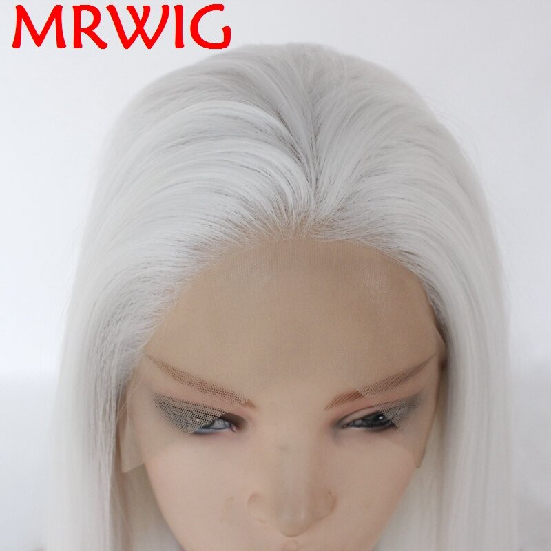 MRWIG pelucas frontales de encaje sintético sin pegamento, parte libre, Color blanco, largo, recto, mitad atado a mano, reemplazo, tinte permanente
