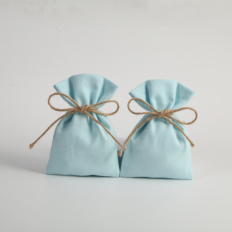 Cubo de arpillera de algodón azul para joyería, bolsa pequeña para fiesta de boda, organizador de dulces, embalaje de joyería personalizado, bolsa de regalo, 50 piezas