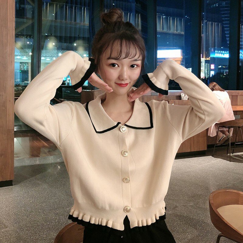 Sweter Korea kerah Turn-Down elegan wanita, atasan jumper Fashion Korea musim gugur dan dingin