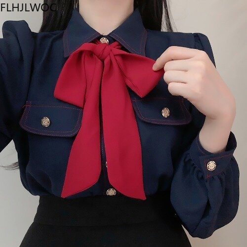 Wanita Kantor Dasar Wanita Pakaian Kerja Seksi Semi Transparan Cute Bow Tie Top Single Breasted Tombol Putih Solid Kemeja Blus
