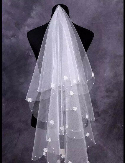One-tier Fingertip Bridal Veil, Pearl Flower, Casamento, Tule
