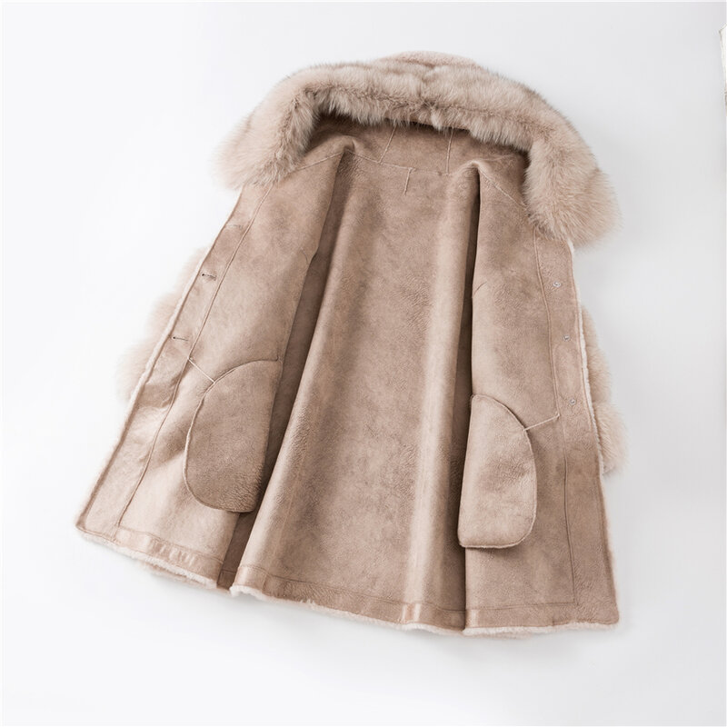 Casaco feminino de lã com gola e capuz, jaqueta arégua para mulheres de pele de raposa real, parka longa, plus size, casacos h215