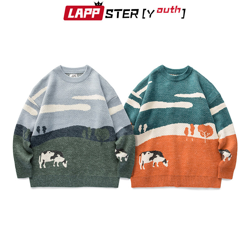 LAPPSTER-suéteres Vintage de vacas para hombres y mujeres, jersey de cuello redondo, moda coreana, ropa informal Harajuku, invierno, 2023