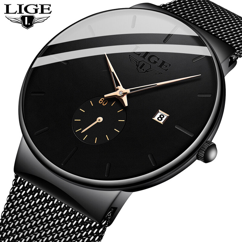 Часы наручные LIGE Мужские кварцевые, модные брендовые Роскошные повседневные водонепроницаемые спортивные, с тонким сетчатым стальным браслетом, 2023