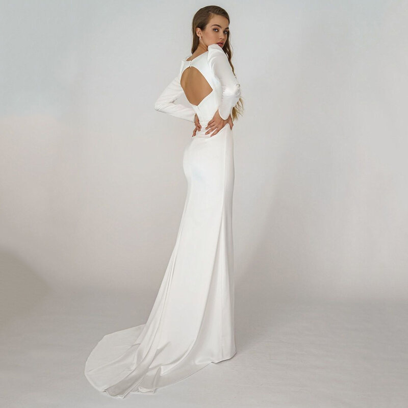 Женское свадебное платье с юбкой годе, элегантное простое платье цвета слоновой кости с длинными рукавами и открытой спиной для невесты, 2022