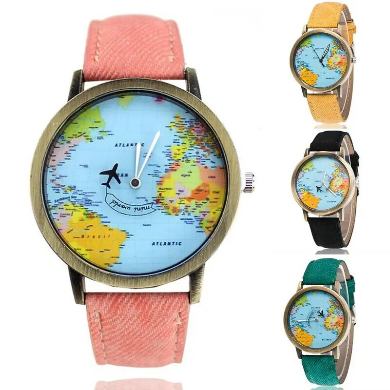 Retro Unisex mapa świata pasek ze sztucznej skóry okrągła tarcza panie zegarek kwarcowy analogowy zegarek z paskiem ze skóry kobiet prezent kobiet zegarki