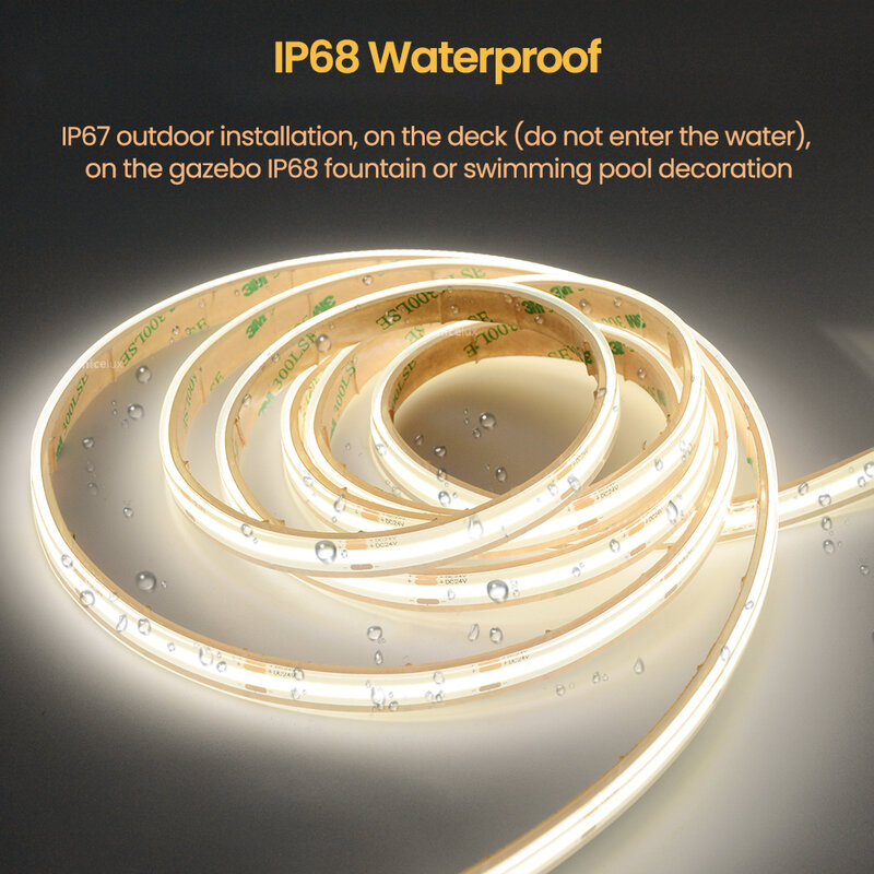 IP68 방수 COB LED 스트립 밝기 조절 조명 8mm 10mm 480 LEDs/m 고밀도 DC 12V 24V, 유연한 테이프 스트립 LED 조명 선형