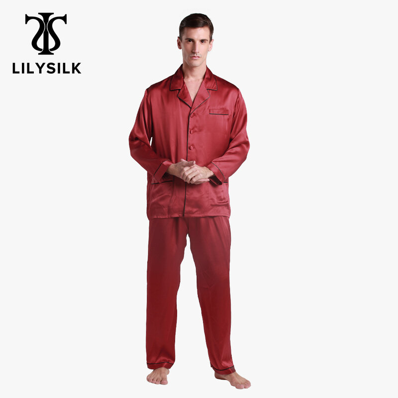 Lilysilk 100シルクパジャマ男性用セット22匁高級天然コントラストトリム紳士服送料無料