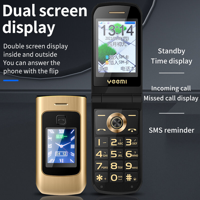 Custodia gratuita SOS Big Button Senior Cover Phone stile base facile da usare per anziani 2G GSM Dual Screen Flip cellulare torcia per fotocamera