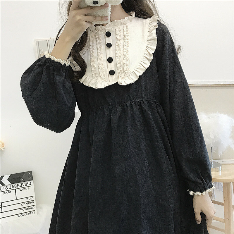 2020 اليابانية لوليتا نمط الخريف الشتاء النساء فستان مكشكش طوق أسود القوطية فستان لطيف Kawaii الكشكشة تأثيري اللباس مع