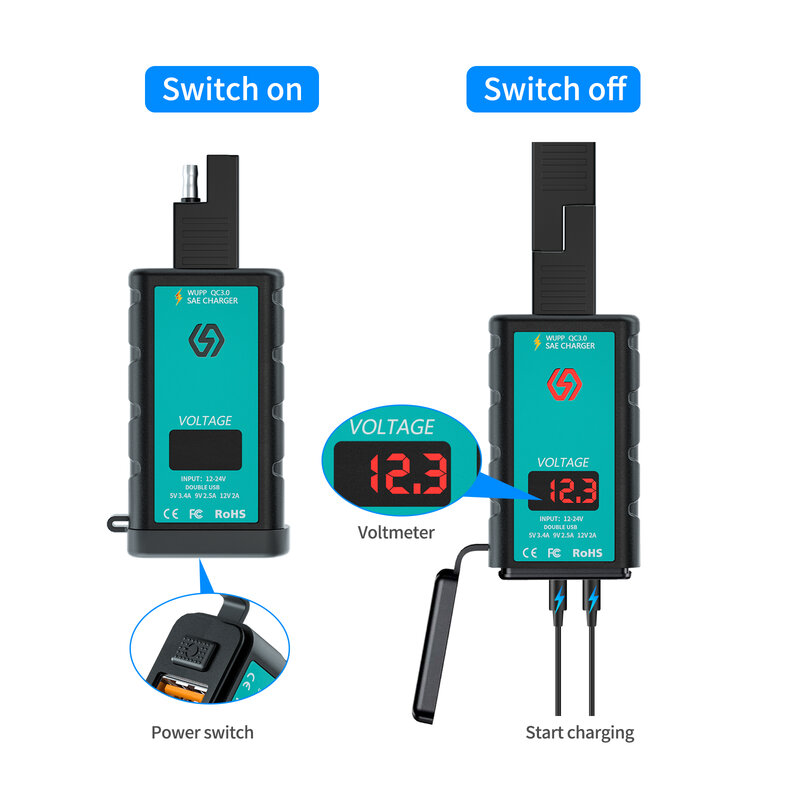Motorcycle USB Charger Adapter Waterproof Voltmeter Motorbike 12V Power Supply Socket Fast Charging Dual Port for Phone GPS
