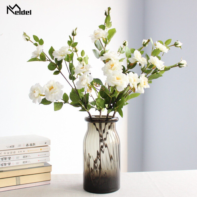 Meldel 7 Heads Silk Chinese Rose Flower Branch Wedding Small China Rose Silk Flower Mini Fake Flowers for Home Decoration Indoor