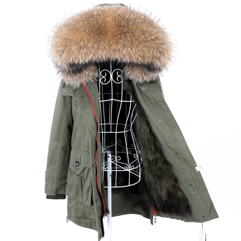 Mmaomaokong 2021 Fashion Real Winter Jacket Natural Fur Coat Real Raccoon Fur Collar Loose Long Green Parker Jacket Fur Removabl